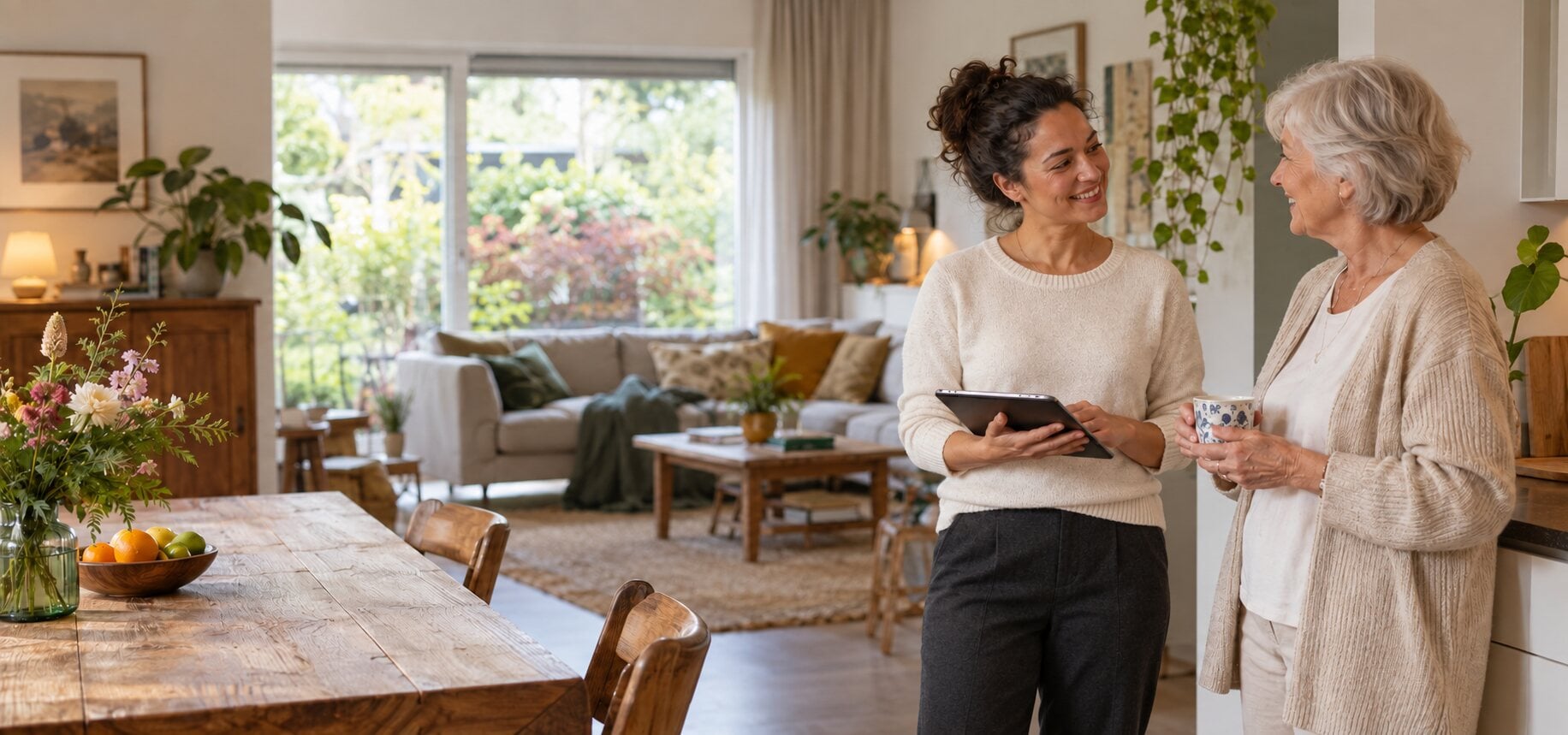 Illustratief beeld van een huishoudelijke hulp en bewoner in gesprek in een huis